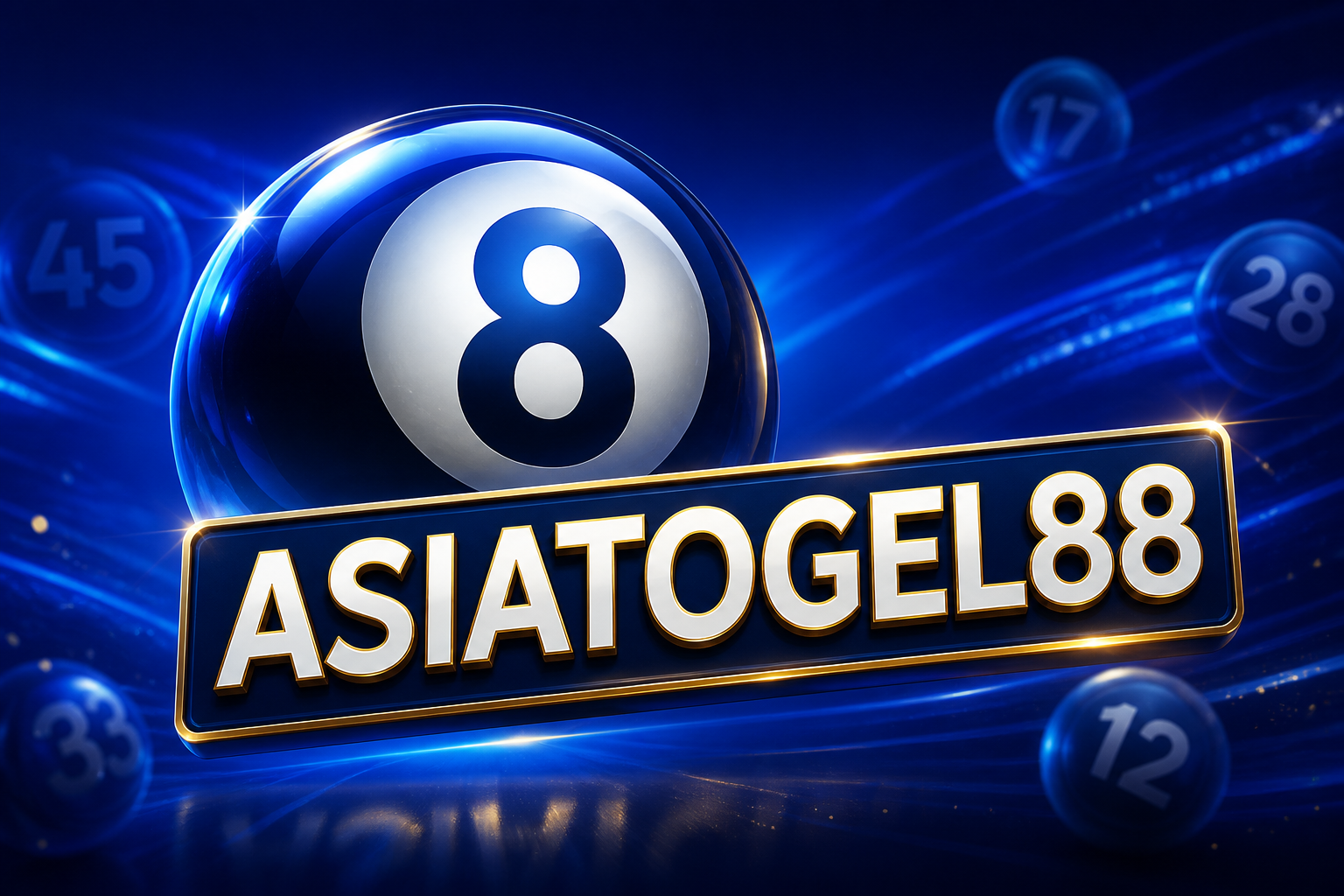 ASIATOGEL88: bola biliar 8 biru dengan plakat nama merek di depan.